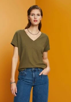 Edc By Esprit Mit V Ausschnitt - T-Shirt Basic - Khaki Green -Esprit c33cd94851004730b5d553d3590fd3cd